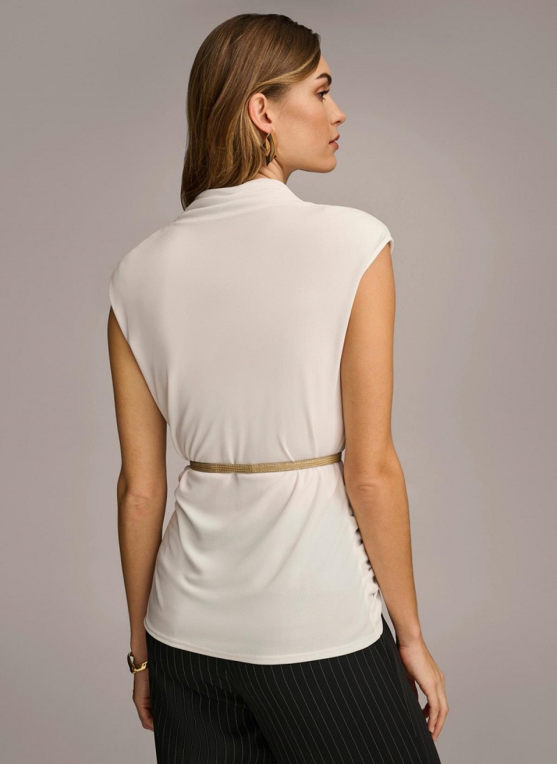 Cream Donna Karan Sleeveless Mock Neck Knit Sweaters and Tops | Canada_DK96992