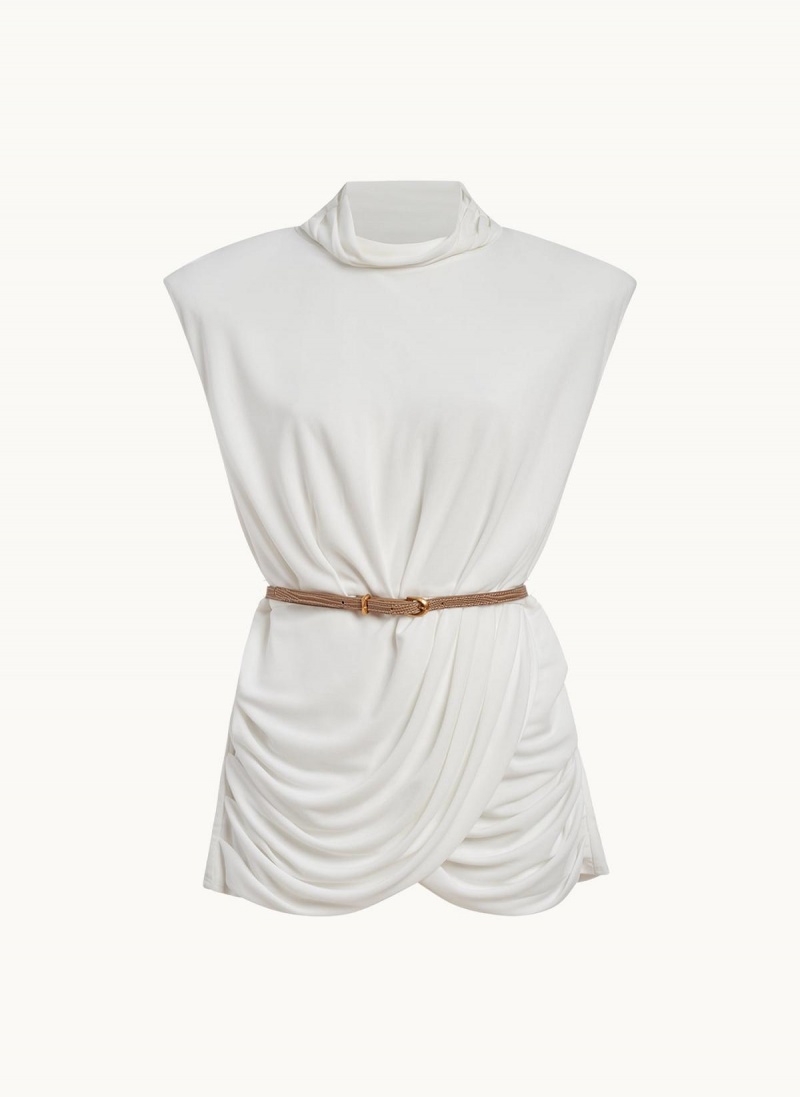 Cream Donna Karan Sleeveless Mock Neck Knit Sweaters and Tops | Canada_DK96992