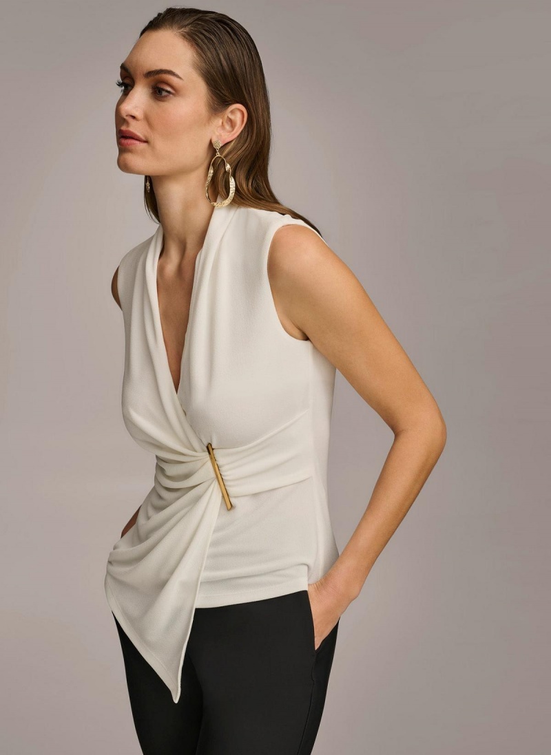 Cream Donna Karan V-neck With Hardware And Ruched Detail Sweaters and Tops | Canada_DK16156