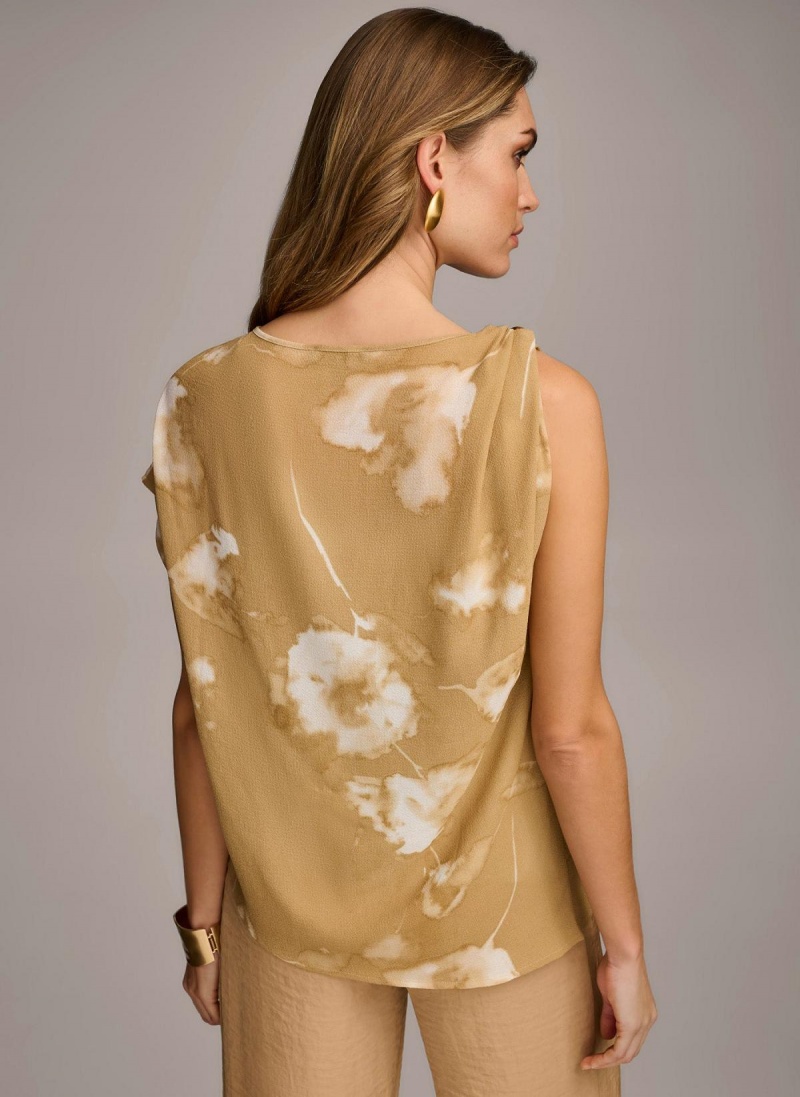 Gold Cream Donna Karan Printed Gathered Hardware Shoulder Sweaters and Tops | Canada_DK87767