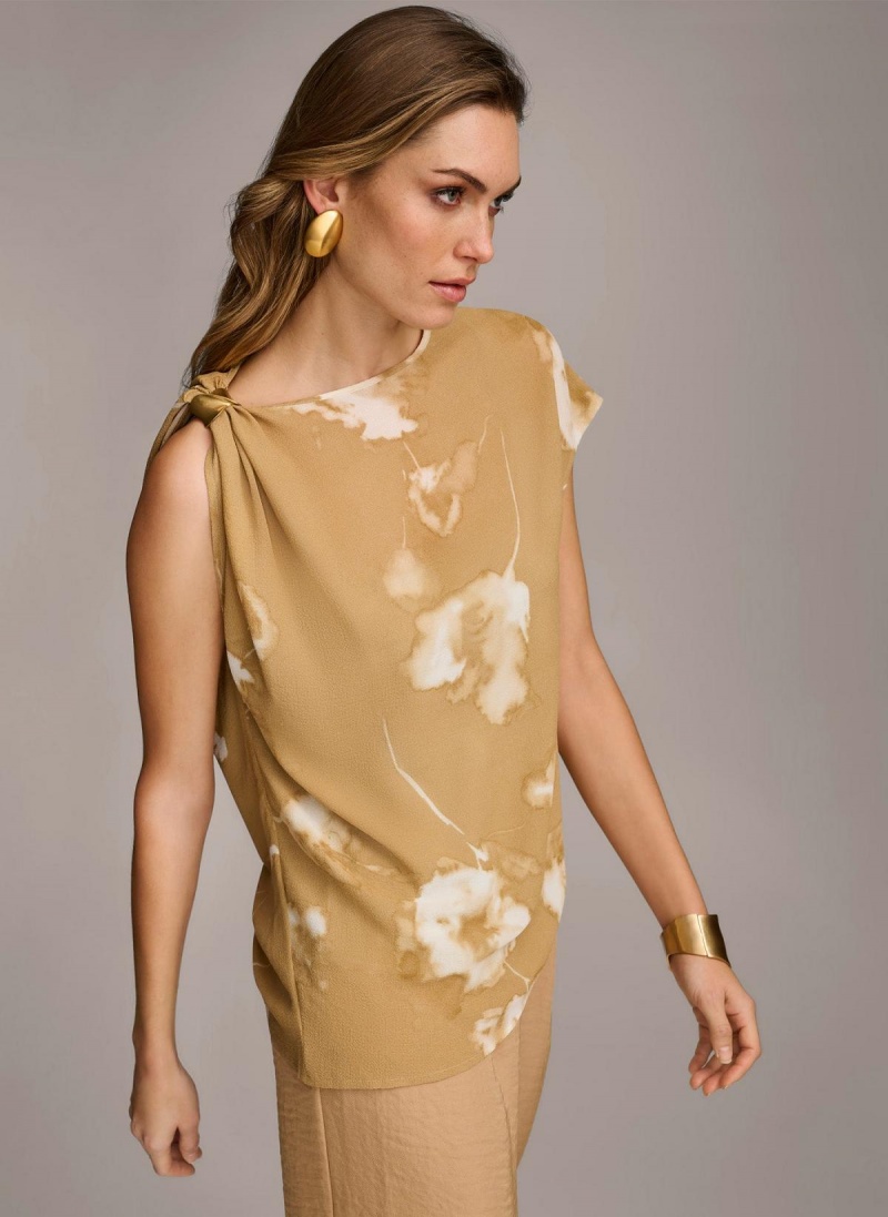 Gold Cream Donna Karan Printed Gathered Hardware Shoulder Sweaters and Tops | Canada_DK87767