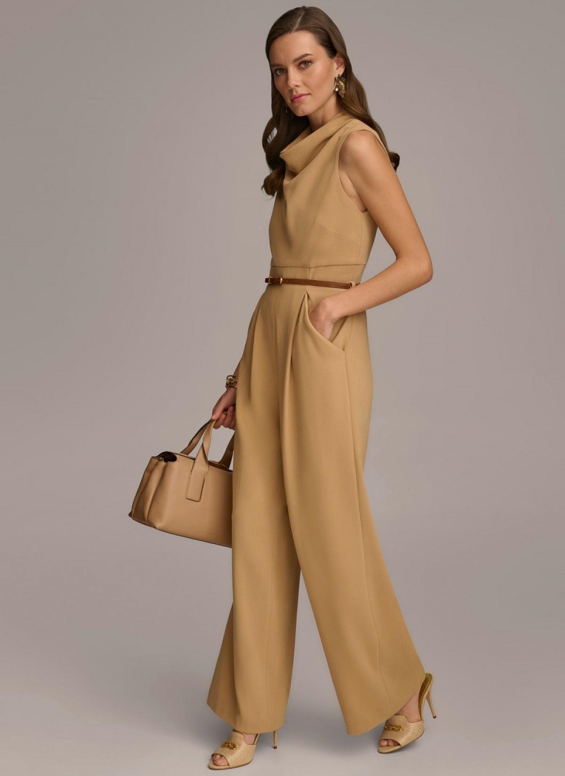 Gold Donna Karan Cowl Neck Belted With Pockets Jumpsuit | Canada_DK18548