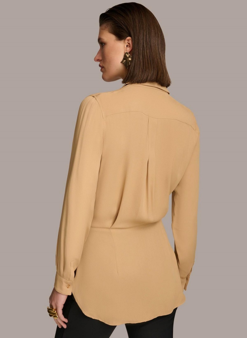 Gold Donna Karan Long Sleeve High-low With Tie At Waist Sweaters and Tops | Canada_DK88467