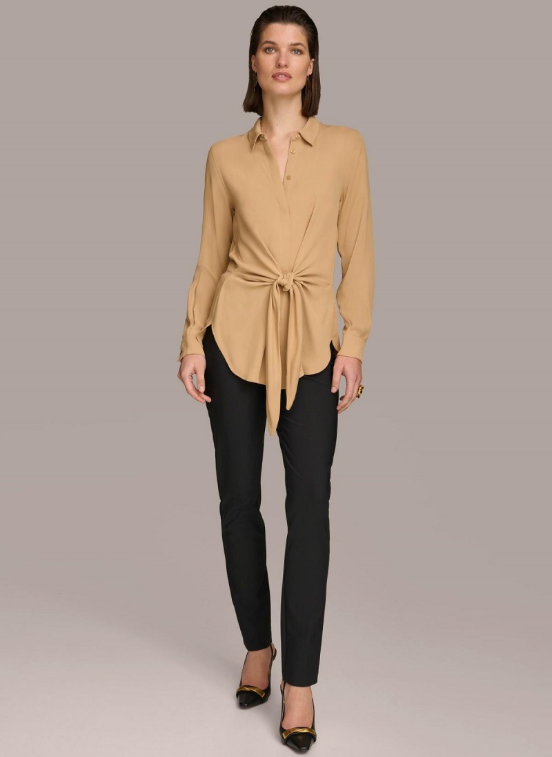 Gold Donna Karan Long Sleeve High-low With Tie At Waist Sweaters and Tops | Canada_DK88467