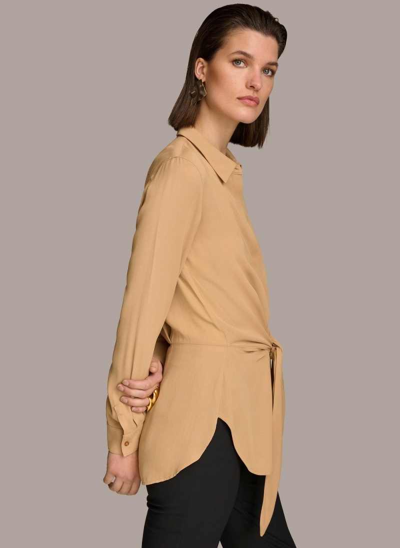 Gold Donna Karan Long Sleeve High-low With Tie At Waist Sweaters and Tops | Canada_DK88467