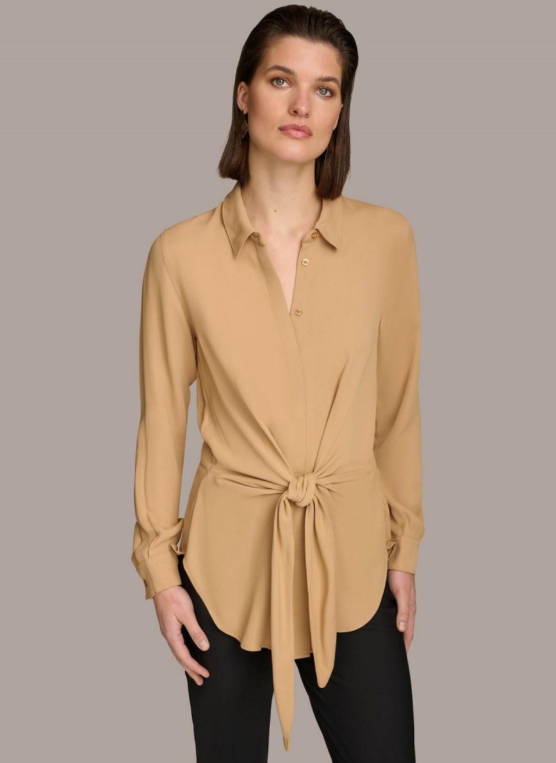 Gold Donna Karan Long Sleeve High-low With Tie At Waist Sweaters and Tops | Canada_DK88467