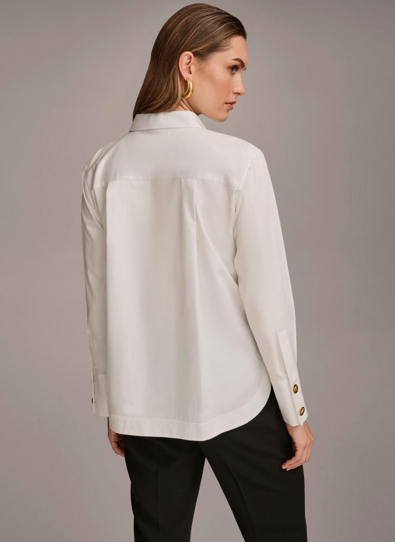 White Donna Karan Cotton Collared Button Down Sweaters and Tops | Canada_DK67752