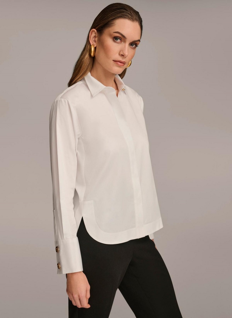 White Donna Karan Cotton Collared Button Down Sweaters and Tops | Canada_DK67752