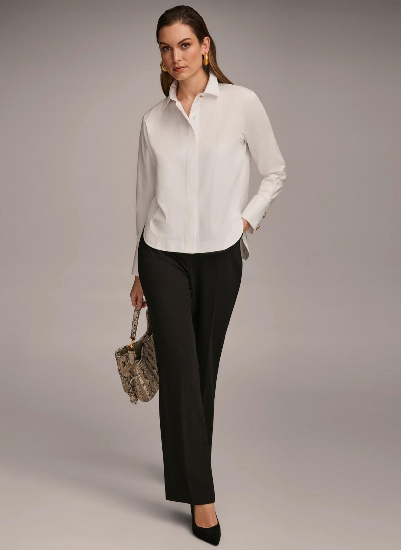 White Donna Karan Cotton Collared Button Down Sweaters and Tops | Canada_DK67752