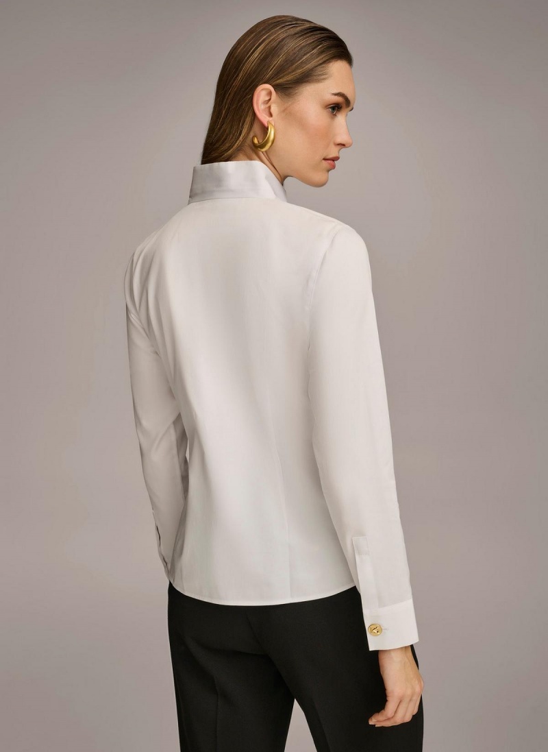 White Donna Karan Cotton Notch Collar Button Down Sweaters and Tops | Canada_DK13158