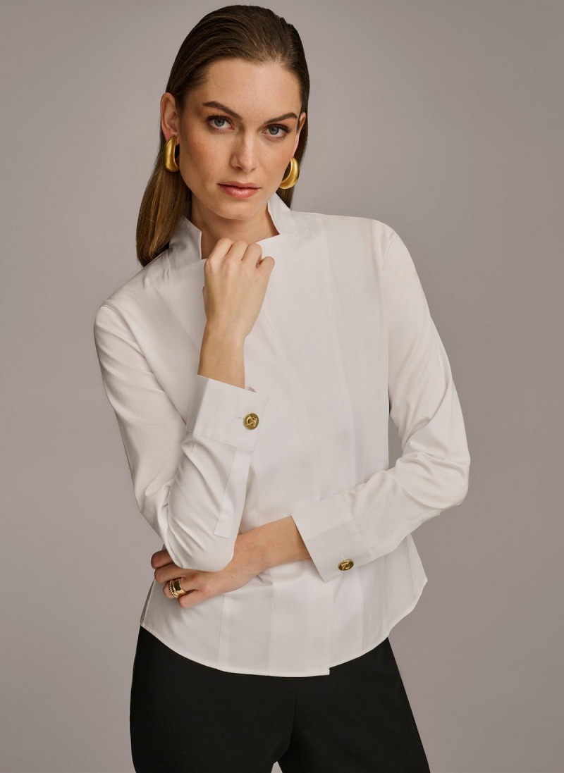 White Donna Karan Cotton Notch Collar Button Down Sweaters and Tops | Canada_DK13158