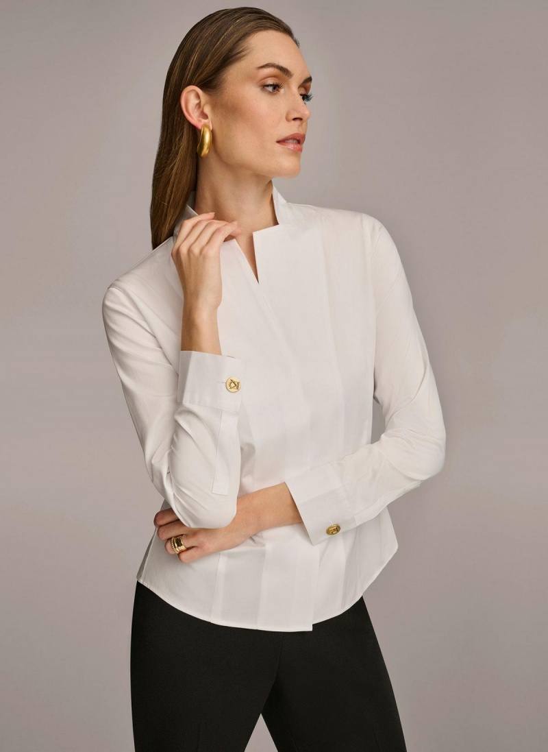 White Donna Karan Cotton Notch Collar Button Down Sweaters and Tops | Canada_DK13158