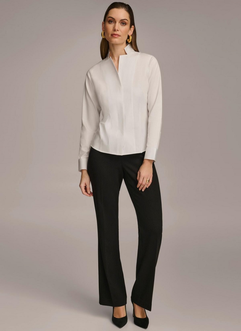 White Donna Karan Cotton Notch Collar Button Down Sweaters and Tops | Canada_DK13158